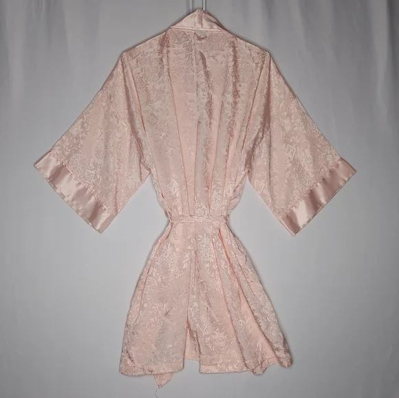 Vtg Victoria's Secret Satin Robe OSFM Jacquard Pink Satin Belted Short FLAW HOLE